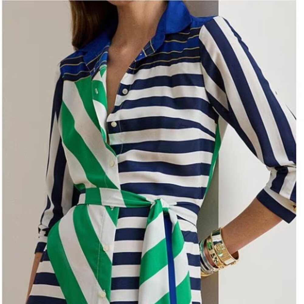 Lauren Ralph Lauren's Striped Crepe Shirtdress Size 12 BNWT $195